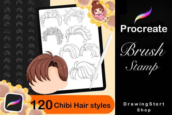 120 Procreate Chibi Men's Hairstyle Stamps