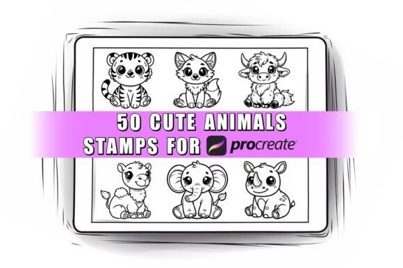 50 Cute Animals Procreate Stamps Brushes
